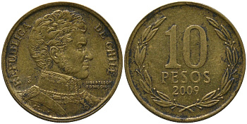 Чили 10 песо 2009 So KM 228.2, Schon 82 алюминиевая бронза 4544-817