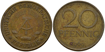 ГДР 20 пфеннигов 1969 А, первый год KM 11 латунь 4601-516