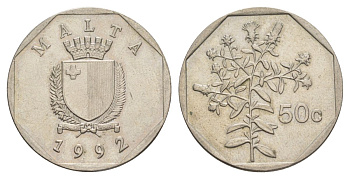 Мальта 50 центов 1992 девясил KM 98 медно-никель aUNC 4633-1211
