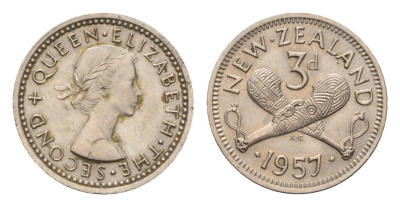 Новая Зеландия 3 пенса 1957 Елизавета II (1952-2022) KM 25.2 медно-никель UNC 4655-213