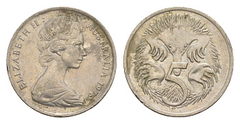 Австралия 5 центов 1976 Елизавета II (1952-2022) молодой портрет, ехидна KM 64 медно-никель 4152-145