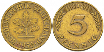 ФРГ 5 ПФЕННИГОВ 1950 J KM 107, J.382 сталь плакированная латунью 4396-1628
