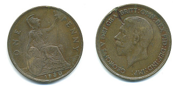 Великобритания 1 пенни 1930 Георг V (1910-1936) КМ 838, Spink 4055 бронза 54-2221