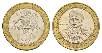 Чили 100 песо 2010 KM 236 биметалл UNC 4641-533