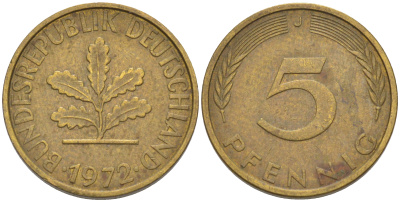 ФРГ 5 пфеннигов 1972 J KM 107, J. 382 сталь плакированная латунью 4514-746