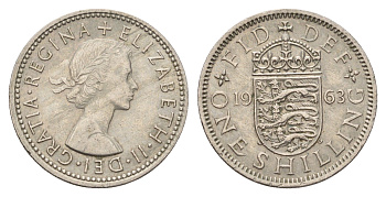 Великобритания 1 шиллинг 1963 Елизавета II (1952-2022), Английский герб KM 904, Spink 4147 медно-никель 4671-1222