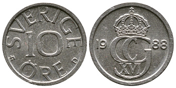 Швеция 10 эре 1988 U Карл XVI Густав (1973- ) KM 850 медно-никель 4110-1744