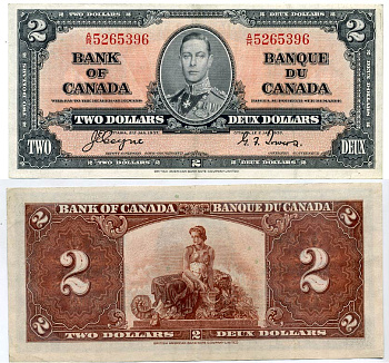 КАНАДА 2 ДОЛЛАРА 1937 ГЕОРГ VI, ПОДПИСЬ COYNE-TOWERS, BABNC Pick 59c бумага XF-UNC 000-00-00