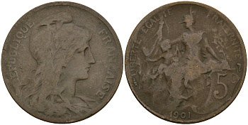 Франция 5 сантимов 1901 KM 842, Le Franc 119.5 бронза 51-1153