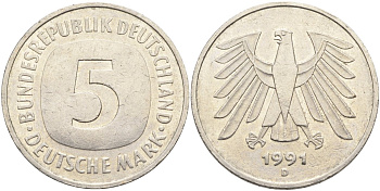 ФРГ 5 марок 1991 D KM 140.1, J.415 медно-никель 4139-126