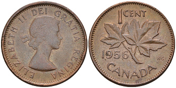Канада 1 цент 1956 Елизавета II (1952-2022), кленовый лист KM 49 бронза    4115-746