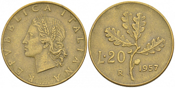 ИТАЛИЯ 20 ЛИР 1957 R, ДУБОВЫЙ ЛИСТ KM 97.1 алюминиевая бронза 73-112