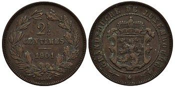 Люксембург 2 1/2 сантима 1901 великий герцог Адольф (1890-1905), BAPTH, ошибка Р вместо R КМ 21 бронза 1519-143