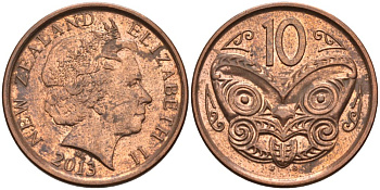 Новая Зеландия 10 центов 2013 маска Маори, Елизавета II (1952-) KM 117а сталь плакированная медью 89-424