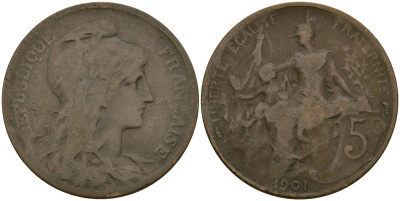 Франция 5 сантимов 1901 KM 842, Le Franc 119.5 бронза 51-1153