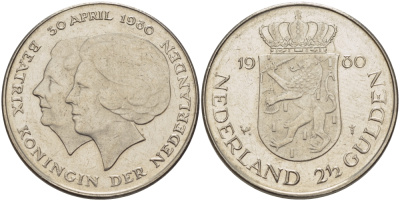 Нидерланды 2 1/2 гульдена 1980 коронация Беатрикс, 30 апреля 1980 KM 201 никель 38-113