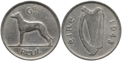 ИРЛАНДИЯ 6 ПЕНСОВ 1948 ИРЛАНДСКИЙ ВОЛКОДАВ KM 13а медно-никель 4387-1055