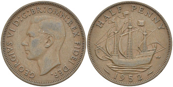 Великобритания 1/2 пенни 1952 Георг VI (1936-1952) KM 868, Spink 4118 бронза 94-852