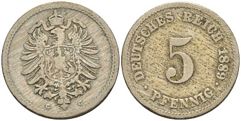 ГЕРМАНИЯ 5 ПФЕННИГОВ 1889 G, СТАРОГЕРБОВКА KM 3, J. 3, Weege 5 медно-никель 206-1059