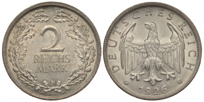 ГЕРМАНИЯ 2 РЕЙХСМАРКИ 1926 F J. 320, KM 45 серебро UNC 603-243
