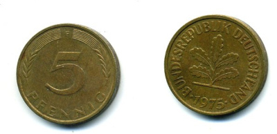 ФРГ 5 ПФЕННИГОВ 1975 F KM 107, J.382 сталь плакированная латунью 46-257