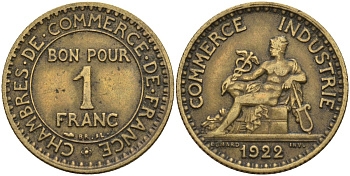Франция 1 франк 1922 KM 876, Le Franc 218.5 алюминиевая бронза 4142-636