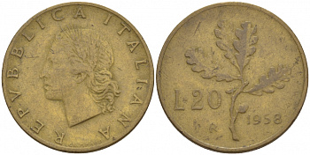 ИТАЛИЯ 20 ЛИР 1958 R, ДУБОВАЯ ВЕТВЬ KM 97.1 алюминиевая бронза 4548-314