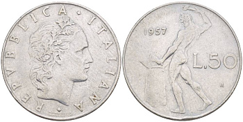ИТАЛИЯ 50 ЛИР 1957 R, БОГ ОГНЯ ВУЛКАН У НАКОВАЛЬНИ, РЕДКИЙ ГОД KM 95.1 нержавеющая сталь 4551-335