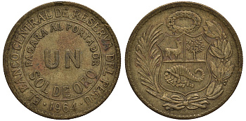 Перу 1 соль 1964 KM 222 латунь VG 118-1035