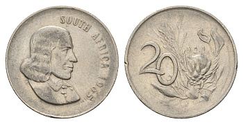 ЮАР 20 центов 1965 Ян ван Рибек (1619-1677), South Africa, легенда на английском, цветок протея KM 69.1 медно-никель 4114-527