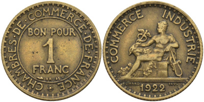 Франция 1 франк 1922 KM 876, Le Franc 218.5 алюминиевая бронза 4142-636