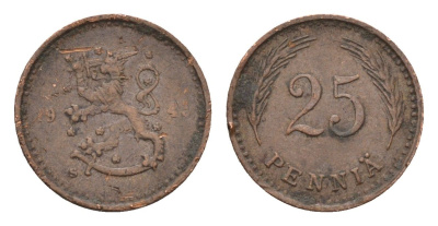 Финляндия 25 пенни 1943 KM 25a медь 4649-224