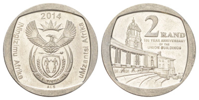 ЮАР 2 ранда 2014 100 лет Зданию Союза медь плакированная никелем aUNC 4628-341