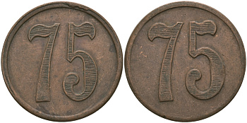 ФРАНЦИЯ 75 САНТИМОВ ND ПЛАТЕЖНЫЙ ЖЕТОН НАЧАЛА XX ВЕКА, ЦИФРЫ НОМИНАЛА 16 ММ., ДИАМЕТР 24 ММ. медь 65-325