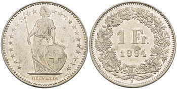 ШВЕЙЦАРИЯ 1 ФРАНК 1994 В KM 24а.3 медно-никель 4544-453