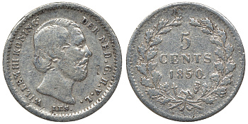 Нидерланды 5 центов 1850 Виллем III (1849-1890), точка после даты КМ 91 серебро 4115-326