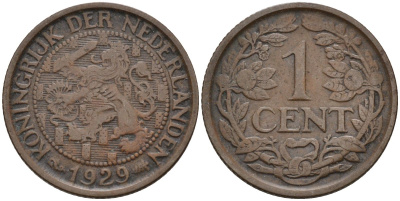 Нидерланды 1 цент 1929 Вильгельмина (1890-1948) KM 152 бронза 4585-667