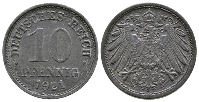 ГЕРМАНИЯ 10 ПФЕННИГОВ 1921 KM 26, J. 299 цинк 4380-244