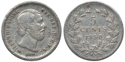Нидерланды 5 центов 1850 Виллем III (1849-1890), точка после даты КМ 91 серебро 4115-326
