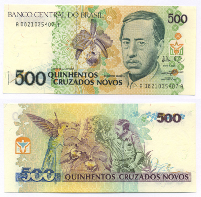 БРАЗИЛИЯ 500 КРУЗАДО 1990 ПОДПИСЬ 27 Pick 222 бумага UNC (ПРЕСС) 8564-40-2