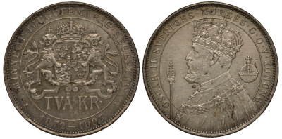 Швеция 2 кроны 1897 ЕВ, Оскар II (1872-1907) король Швеции и Норвегии, 25 лет правления KM 762 серебро 1515-1012