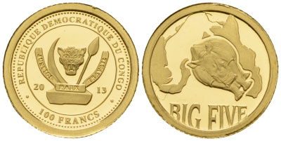Конго 100 франков 2013 серия большая пятерка, носорог золото PROOF 00-804-13