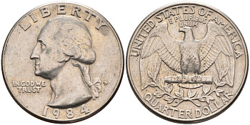 США 25 центов (квотер) 1984 D, Вашингтон KM A164a медь плакированная медно-никелем 4584-1215