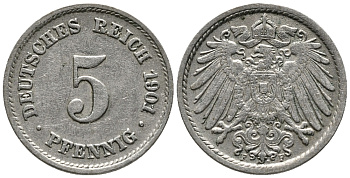 ГЕРМАНИЯ 5 ПФЕННИГОВ 1901 F KM 11, J. 12 медно-никель 39-748