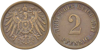 ГЕРМАНИЯ 2 ПФЕННИГА 1911 G KM 16, J. 11, Weege 4 медь 206-611