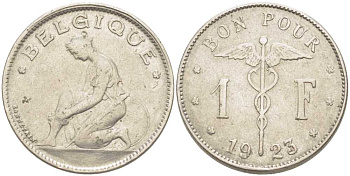 Бельгия 1 франк 1923 Belgique, Альберт I (1909-1934) KM 89 никель 202-915