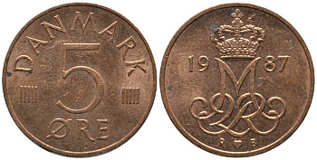 ДАНИЯ 5 ЭРЕ 1987 R; B, МАРГРЕТЕ II (1972-) KM 859.3 железо плакированное медью 116-212