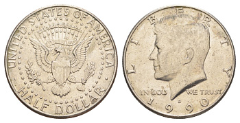 США 1/2 доллара (50 центов) 1990 D, Джон Кеннеди KM A202b медь плакированная медно-никелем aUNC 4367-1024