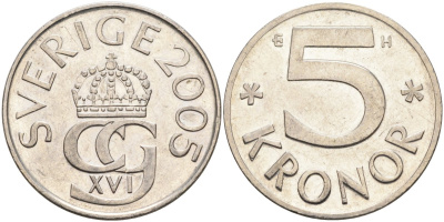 Швеция 5 крон 2005 H, Карл XVI Густав (1973- ) KM 853a никель плакированная медно-никелем 4367-1143