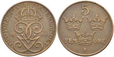 Швеция 5 эре 1934 Густав V (1907-1950) KM 779.2 бронза 115-842